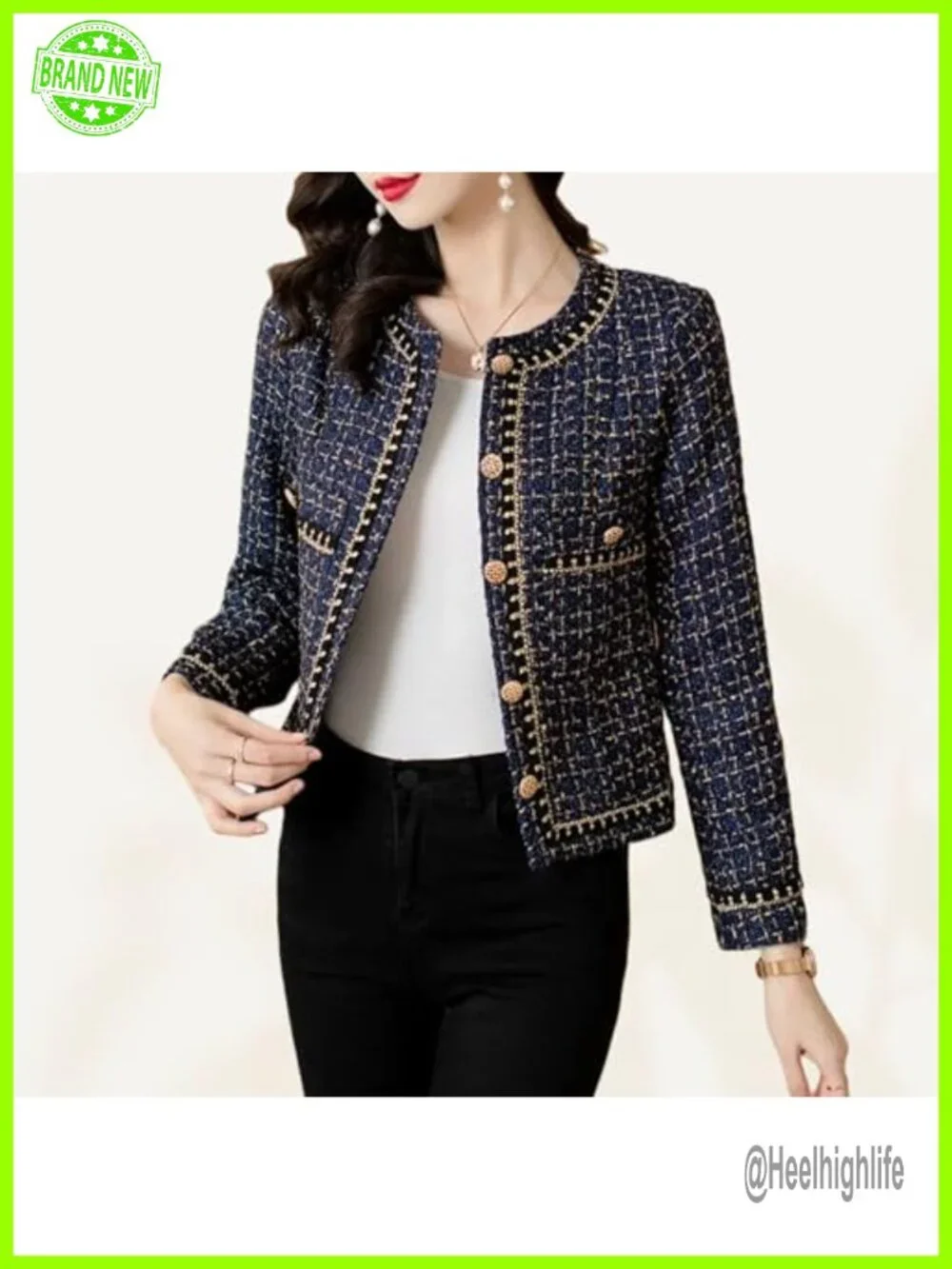 Elegant Tweed Blazer Jacket - Long Sleeve Round Neck Business Casual Short Coat
